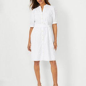 Ann Taylor Floral Embroidered Tie Waist Shirtdress  White